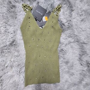 Stylish Olive Heavy Knit Euro Camisole with Embellishments NWT